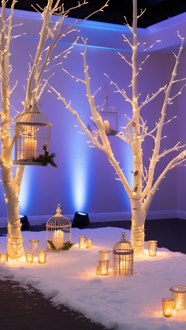 Whimsical winter wedding decor with bird cages and fairy lights.