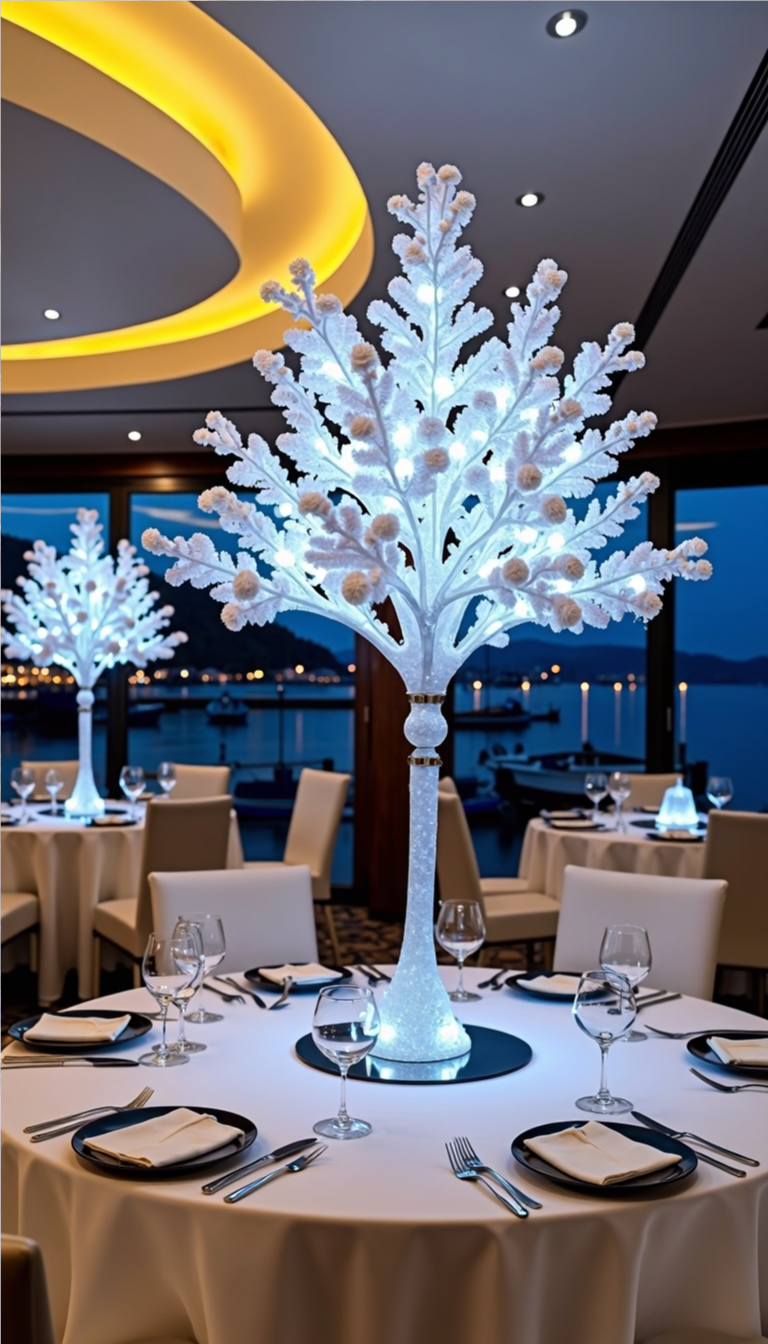 DIY centerpiece idea with white branches and glowing fairy lights.