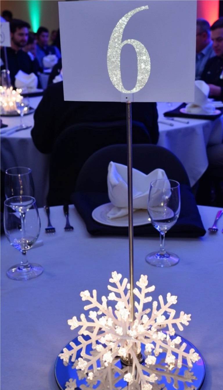 Elegant winter wedding table decor featuring a glowing snowflake centerpiece with mirrored base and glitter table number sign. Perfect for a winter wonderland theme.