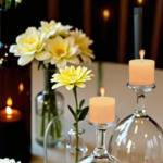 Romantic wedding table centerpiece featuring inverted wine glasses with candles on top, encasing bright orange flowers inside, complemented by yellow and white floral arrangements and soft candlelight