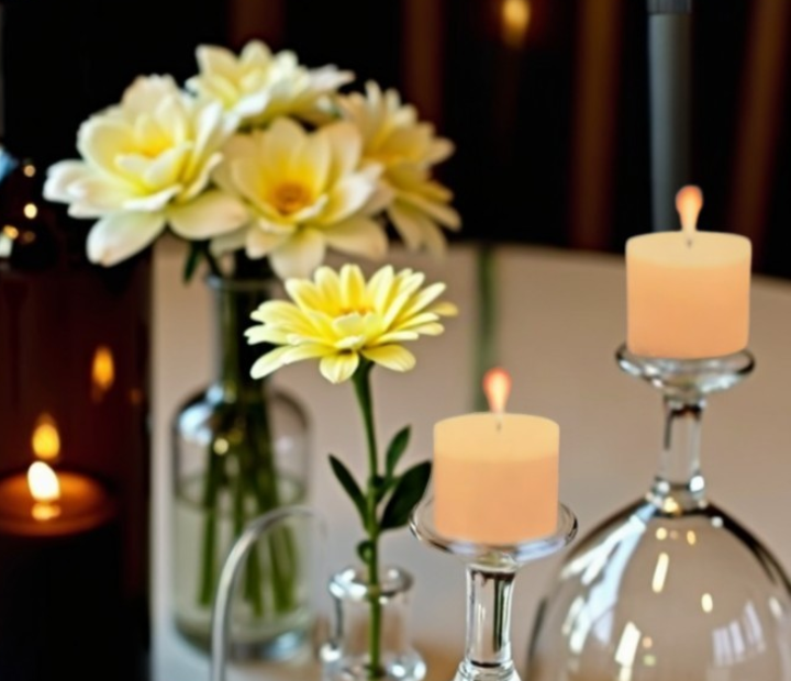 Romantic wedding table centerpiece featuring inverted wine glasses with candles on top, encasing bright orange flowers inside, complemented by yellow and white floral arrangements and soft candlelight