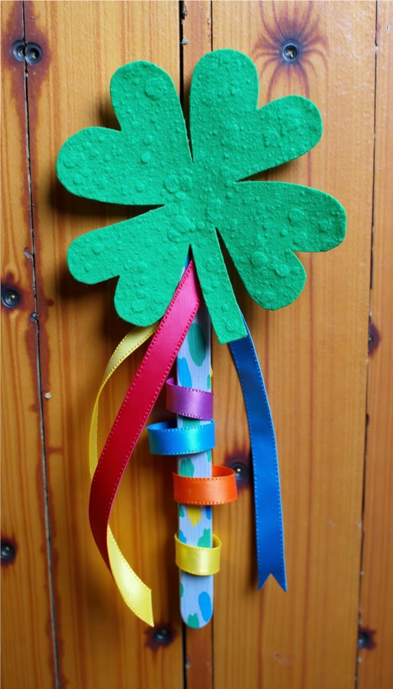 DIY Shamrock Wand craft made with green paper shamrocks, rainbow-colored popsicle stick, and colorful ribbon for St. Patrick’s Day.