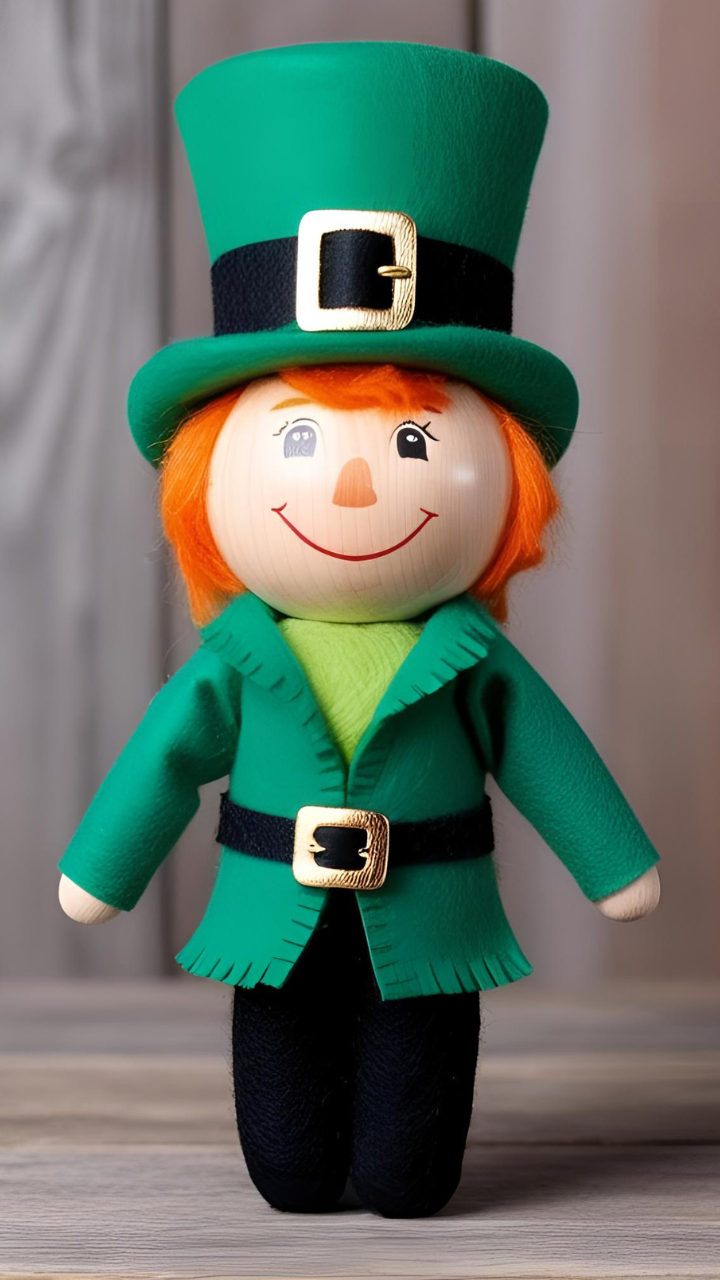 Handmade peg doll leprechaun craft painted with a green outfit and orange beard for St. Patrick’s Day.