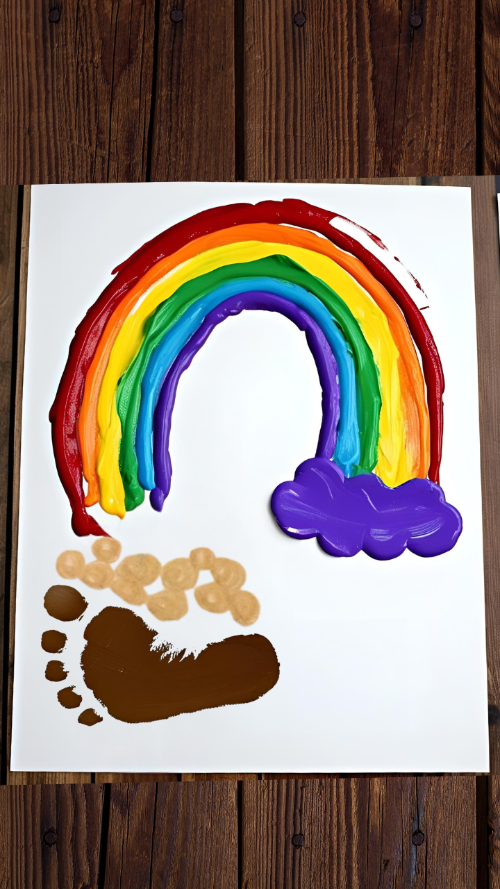 St. Patrick’s Day footprint art card featuring a colorful painted footprint with a rainbow sprouting from the heel on white paper