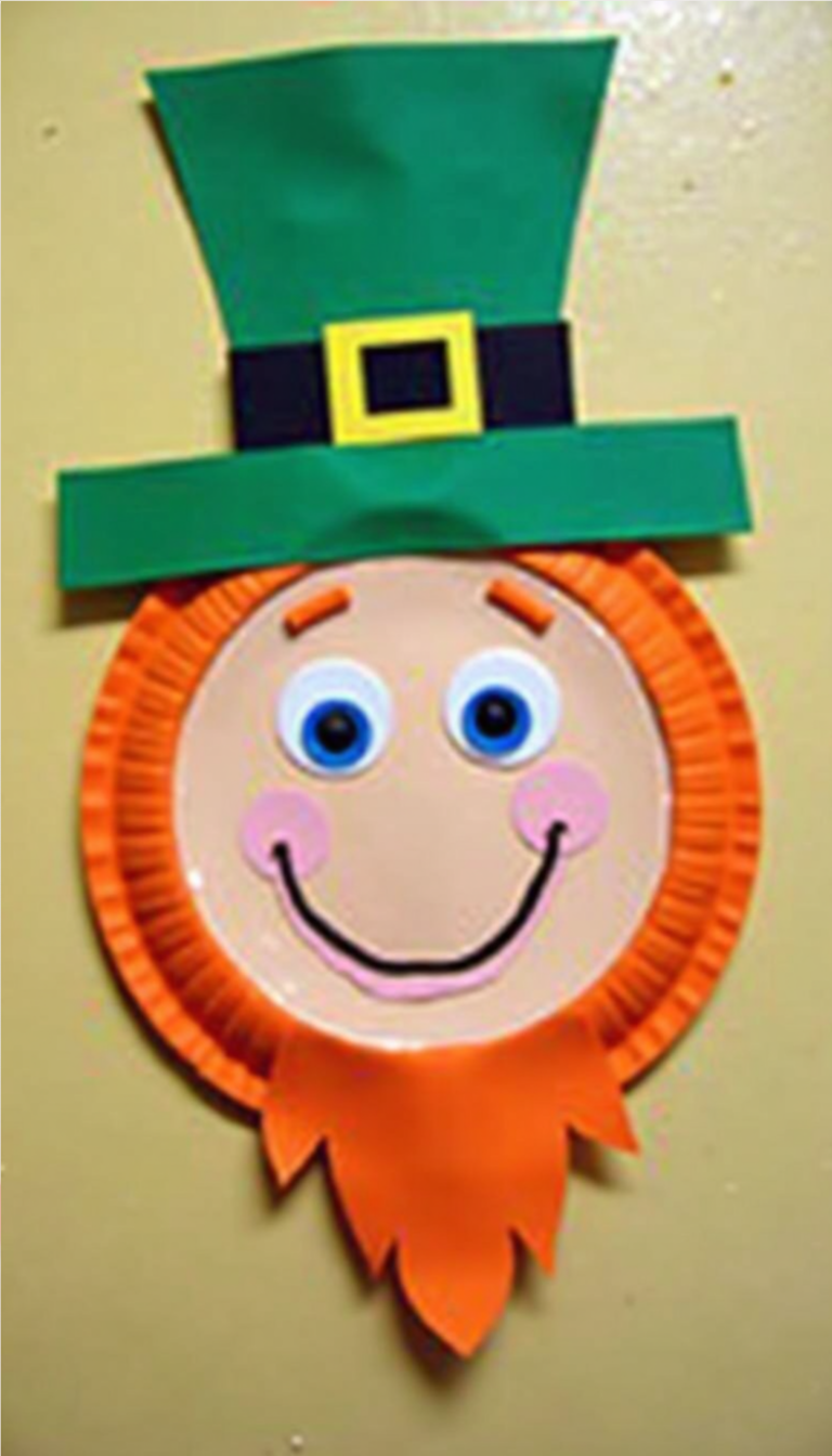 DIY leprechaun craft made from a paper plate, painted with a red beard, green hat, and smiling face for St. Patrick’s Day.