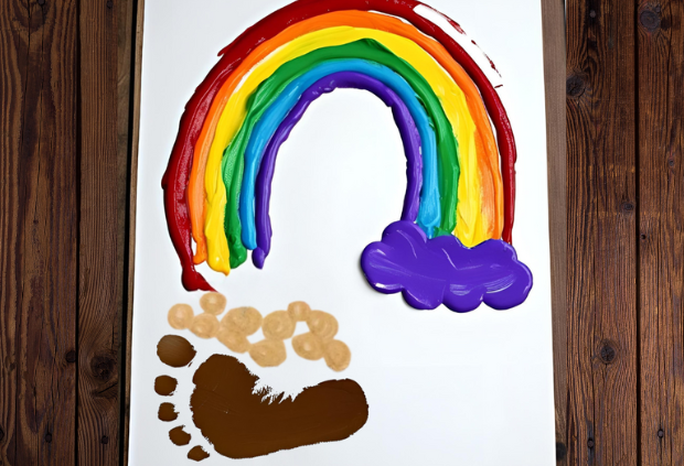 St. Patrick’s Day footprint art card featuring a colorful painted footprint with a rainbow sprouting from the heel on white paper