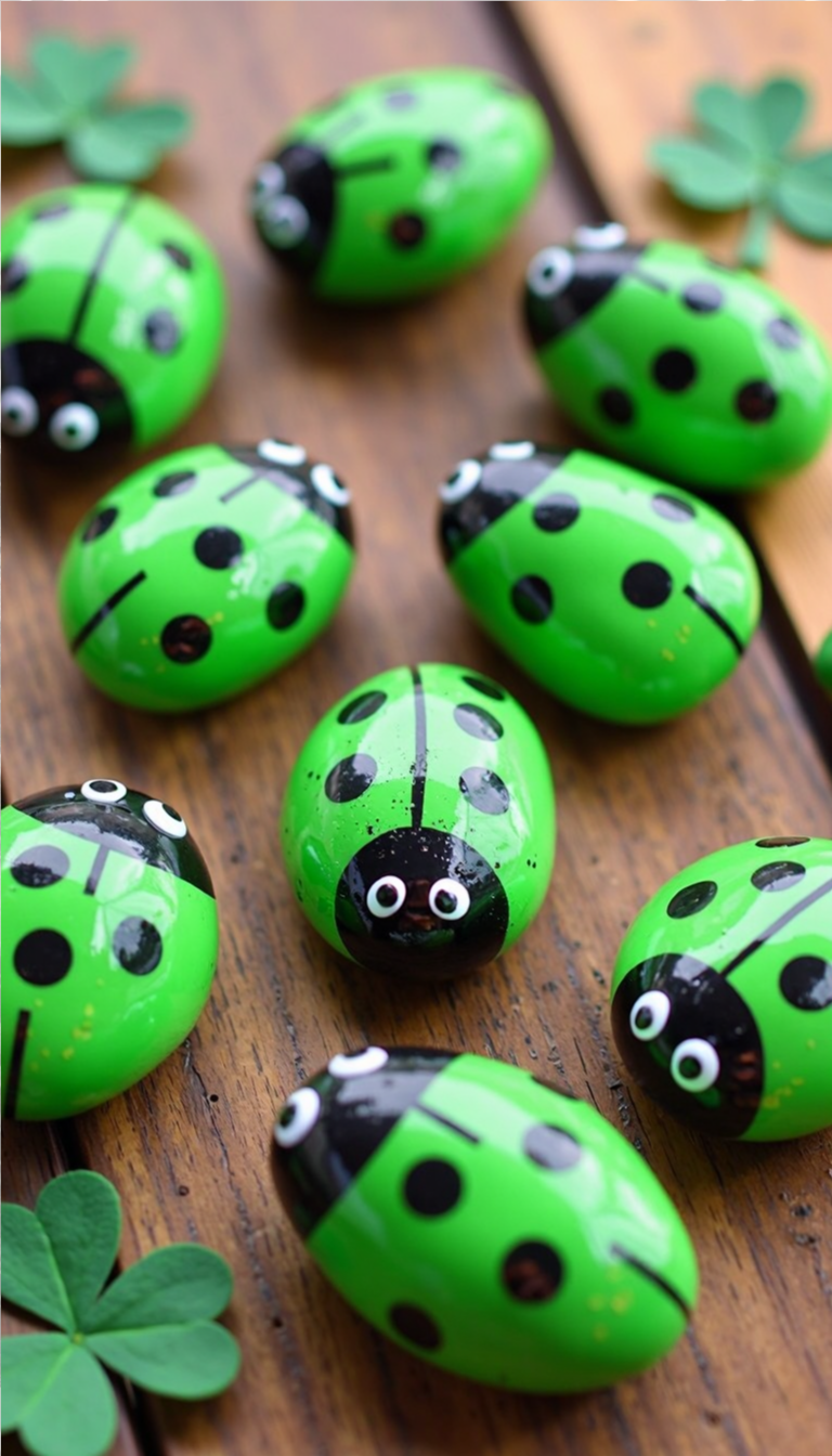 St. Patrick’s Day painted rocks designed as green ladybugs with black spots, displayed on a wooden surface.