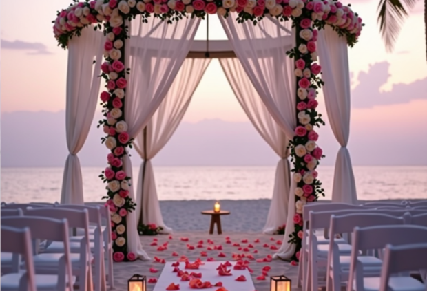 "Romantic beach wedding gazebo with flowing white drapery, pink and white roses, and candle-lit aisle at sunset