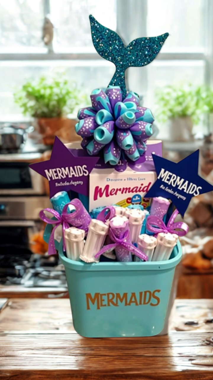 DIY mermaid-themed Easter basket for girls with blue bucket, glitter decorations, and ocean-inspired toys
