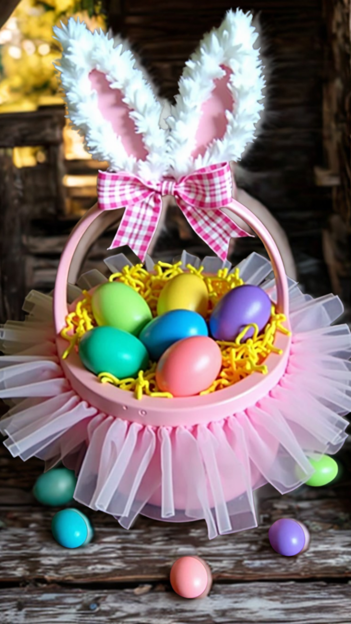 DIY bunny tutu basket, Easter basket with bunny ears, princess bunny basket for Easter.