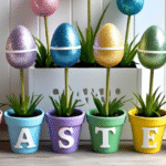 DIY Easter egg flower pot decor with glitter eggs, pastel colors, and spring vibes.