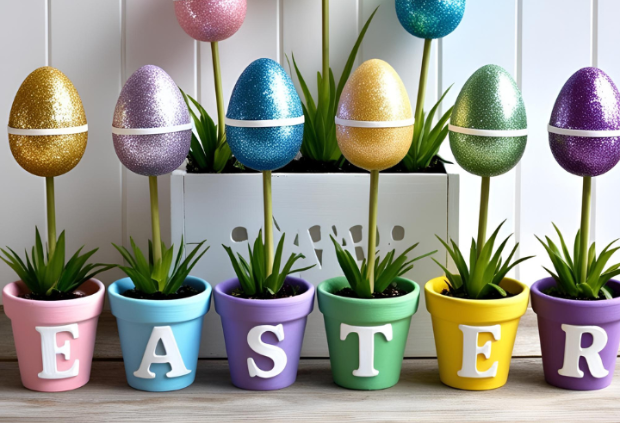 DIY Easter egg flower pot decor with glitter eggs, pastel colors, and spring vibes.