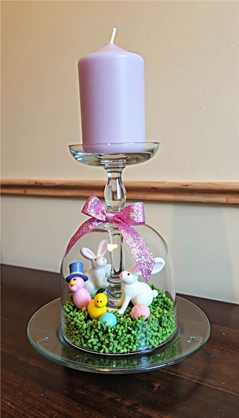 Upside-down wine glass Easter scene with bunnies, chicks, colorful eggs, and a pink glitter bow under a candle