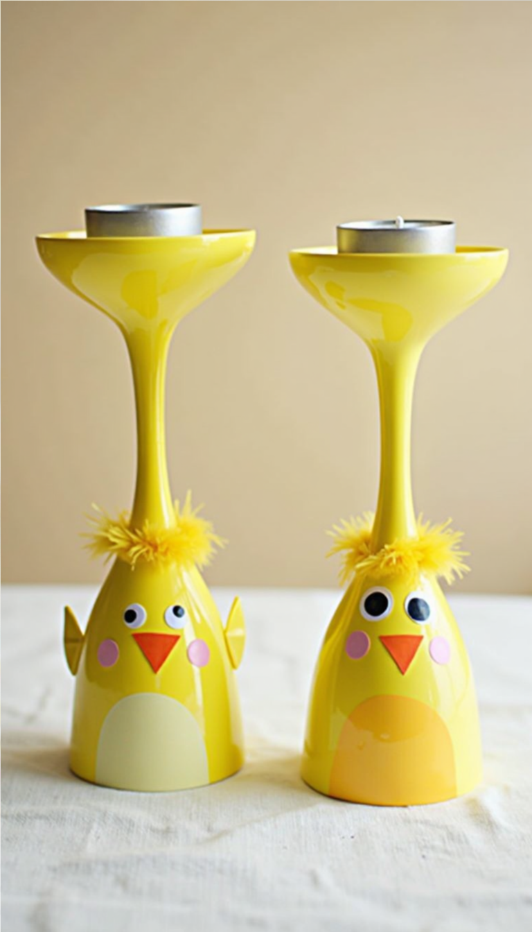 DIY upside-down wine glass candle holders painted as yellow Easter chicks with googly eyes and feather tops