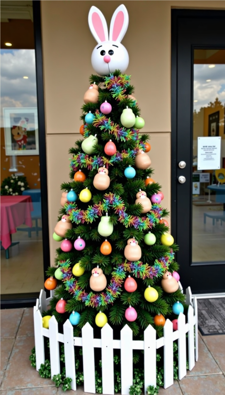 Outdoor Easter tree with colorful eggs, bunny head topper, rainbow garland, and picket fence base