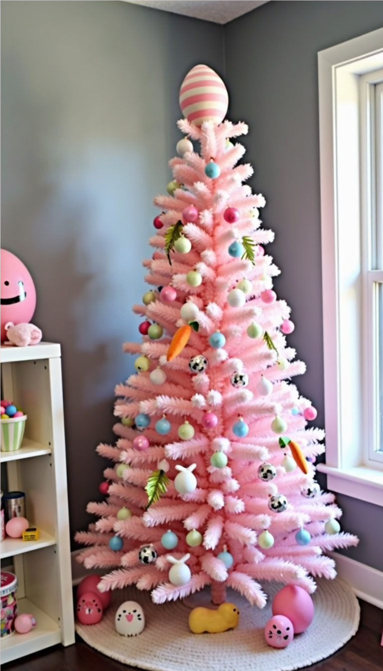 Pink Easter tree decorated with pastel ornaments, carrots, bunny decorations, and a striped egg topper