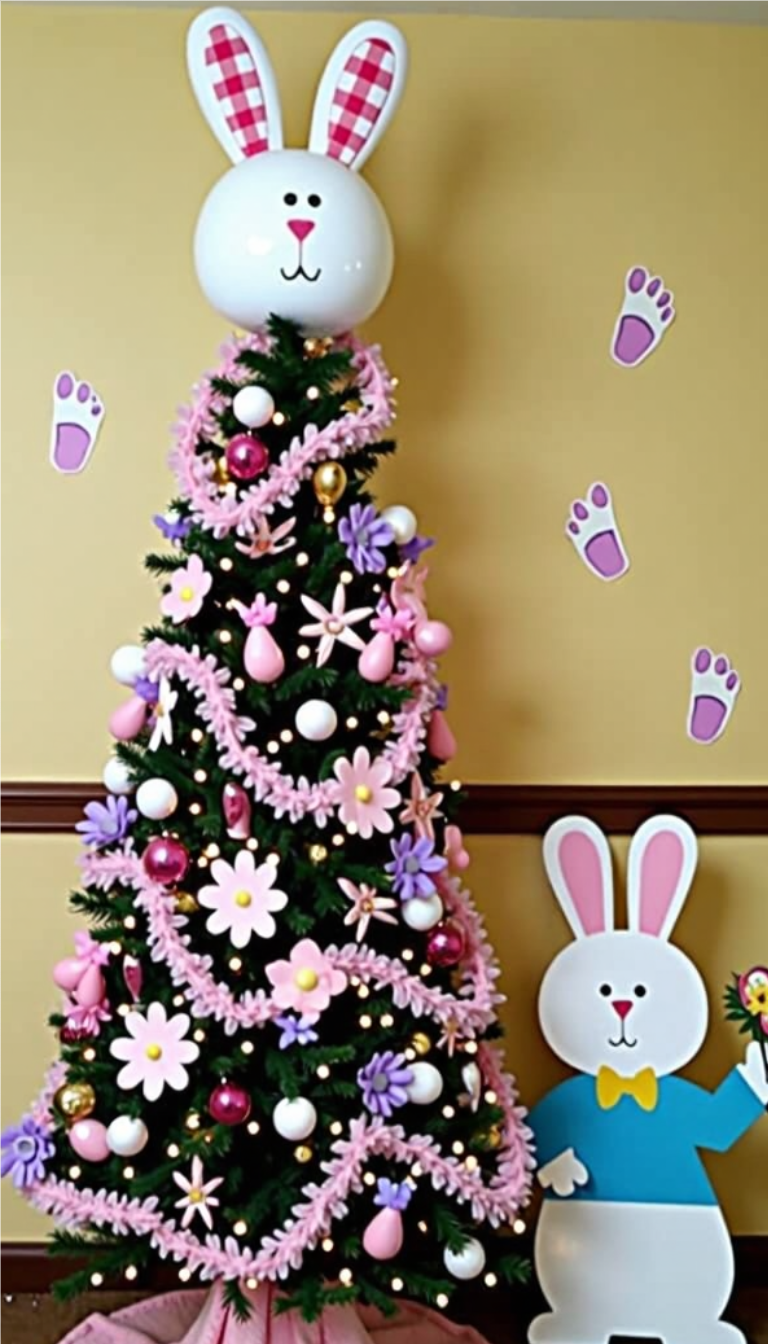 Bunny-themed Easter tree with pink garland, pastel flowers, and egg ornaments