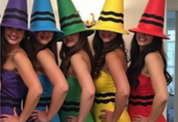Group Halloween costume dressed as colorful crayons for best friends