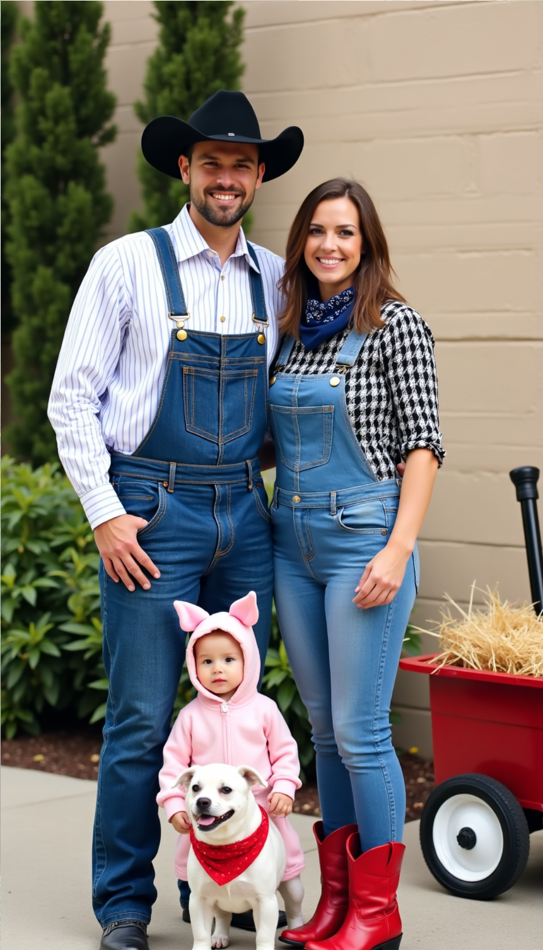 Family Halloween costume with parents dressed as farmers, a toddler in a piglet outfit, and a dog wearing a red bandana.