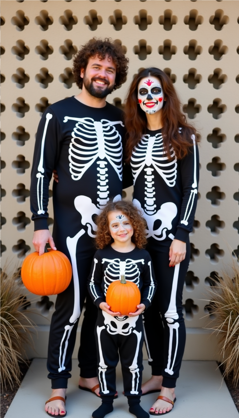 Family Halloween costume idea with all members dressed as skeletons and sugar skull face paint, holding pumpkins.