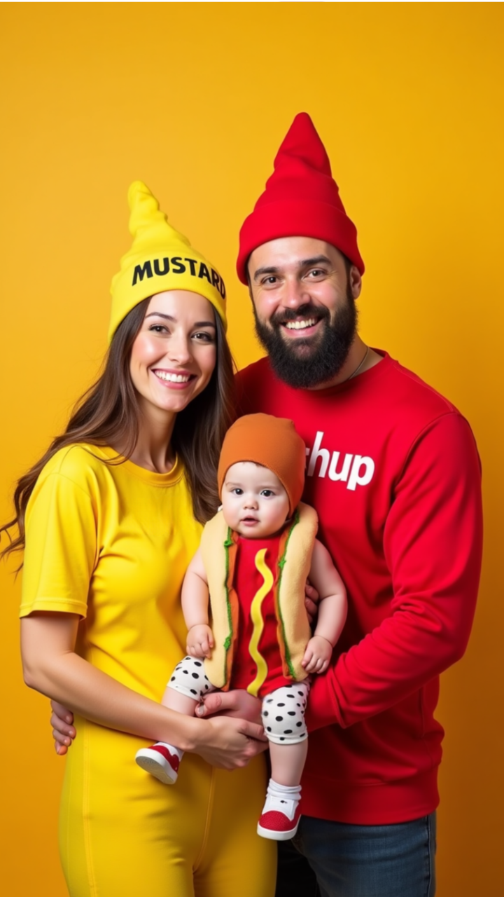 Family Halloween costume with mom as mustard, dad as ketchup, and baby as a hot dog.