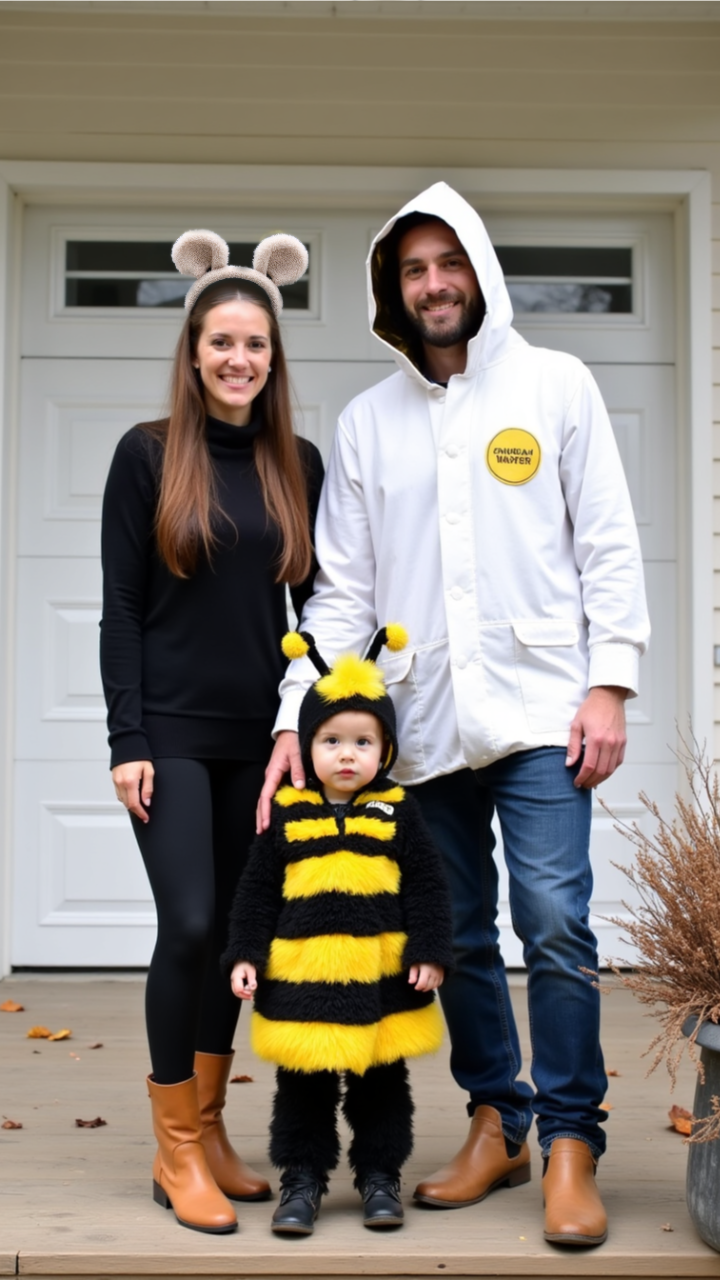 Family Halloween costume idea with mom as a bear, dad as a beekeeper, and child as a fluffy bee.
