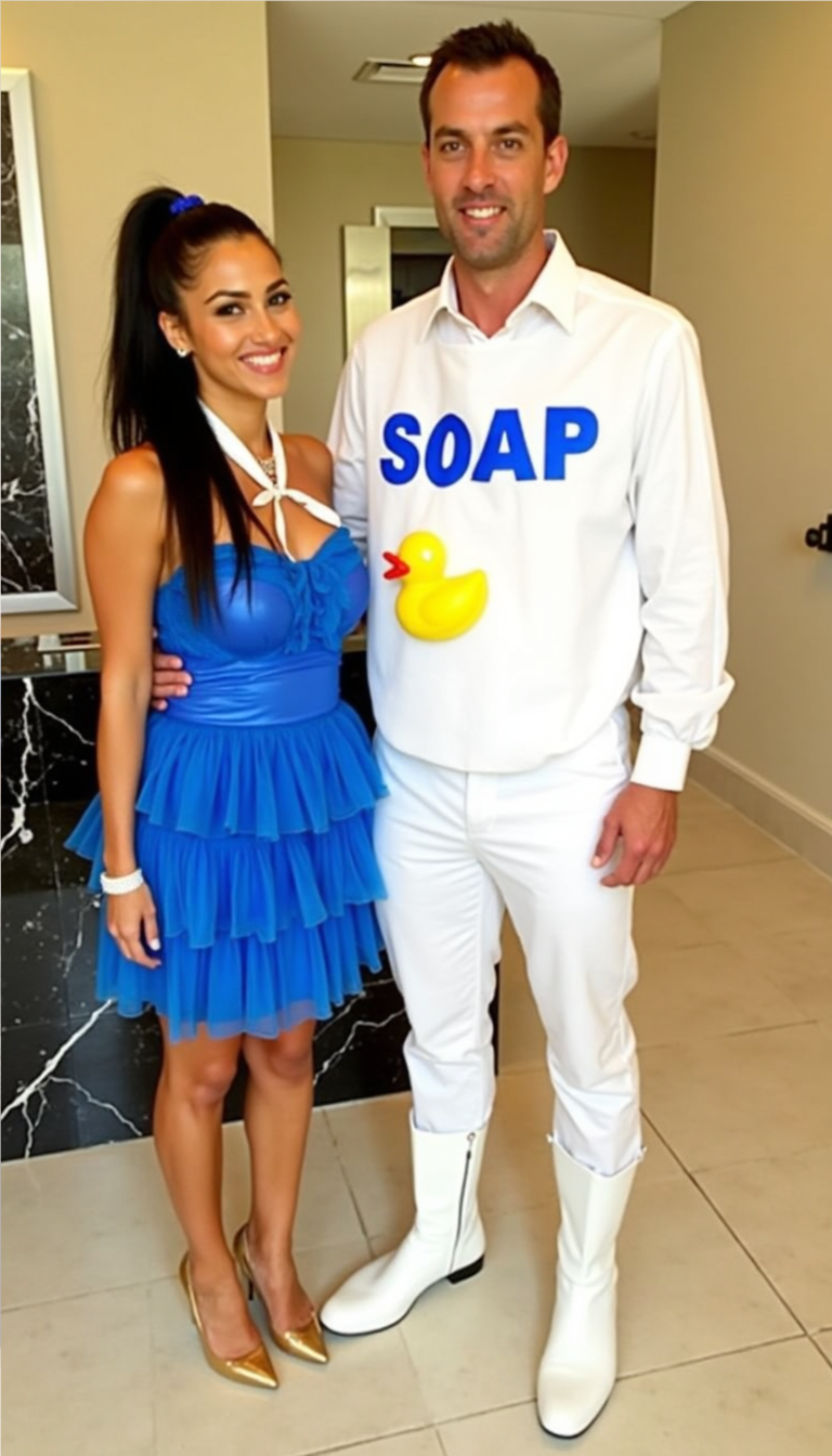Funny DIY soap and loofah Halloween costume for couples with blue dress and rubber ducky detail