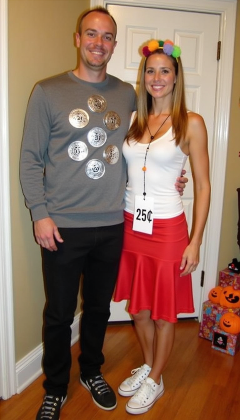 Creative DIY gumball machine and quarter Halloween costume for couples with pom-poms and coin decals