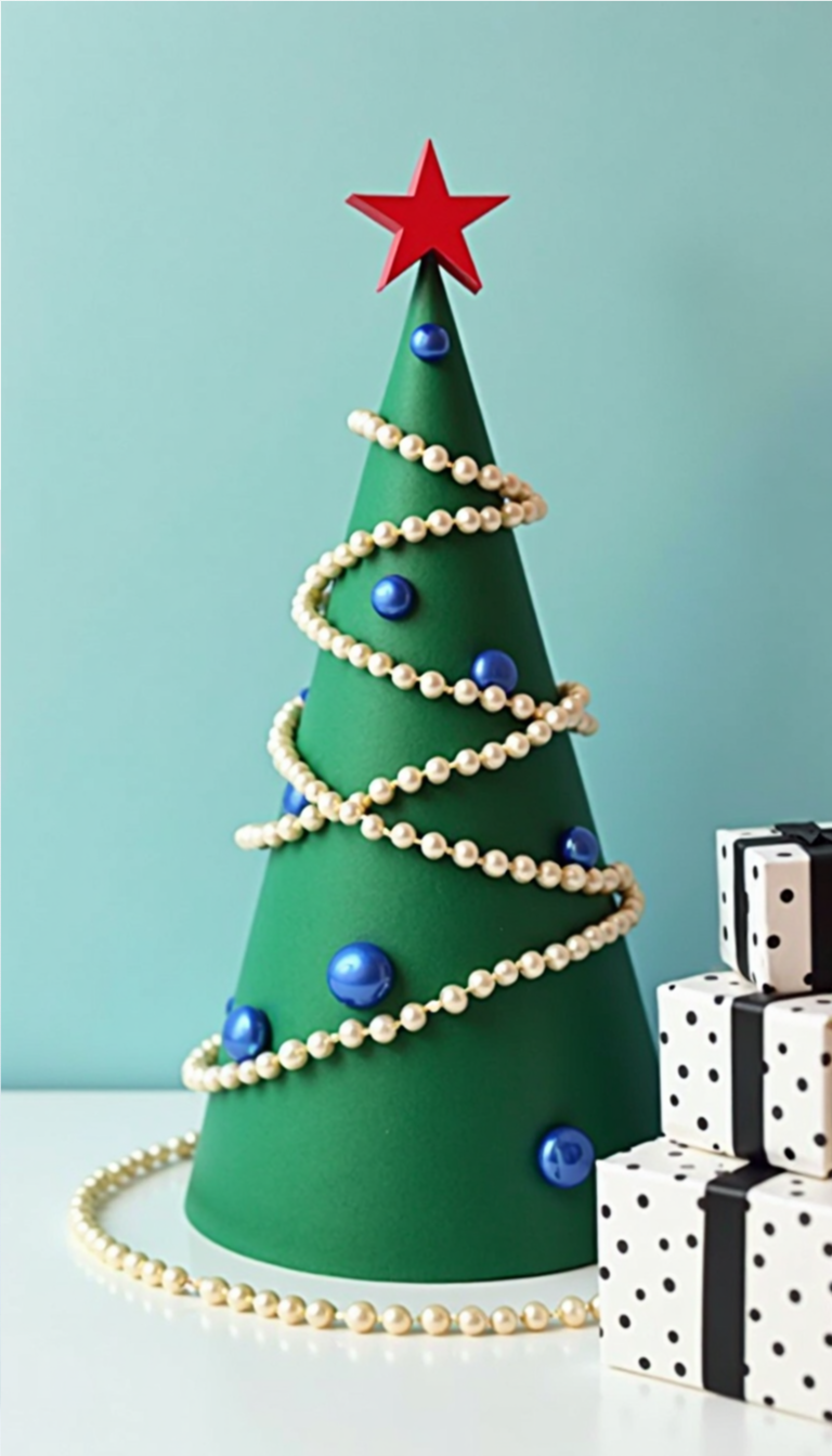DIY cone-shaped Christmas tree decorated with pearls, blue ornaments, and a red star topper