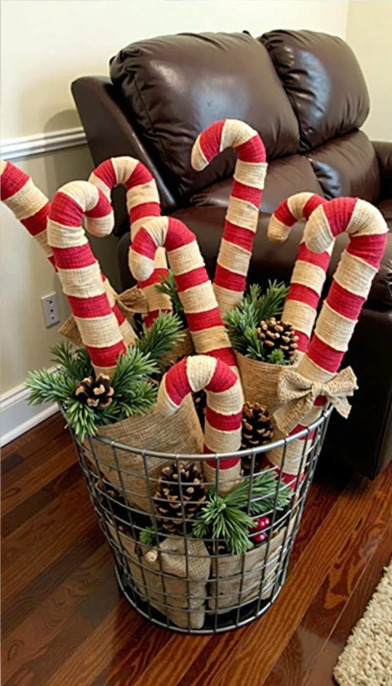 Wire basket filled with rustic burlap-wrapped candy canes, pine cones, and greenery for Christmas decor