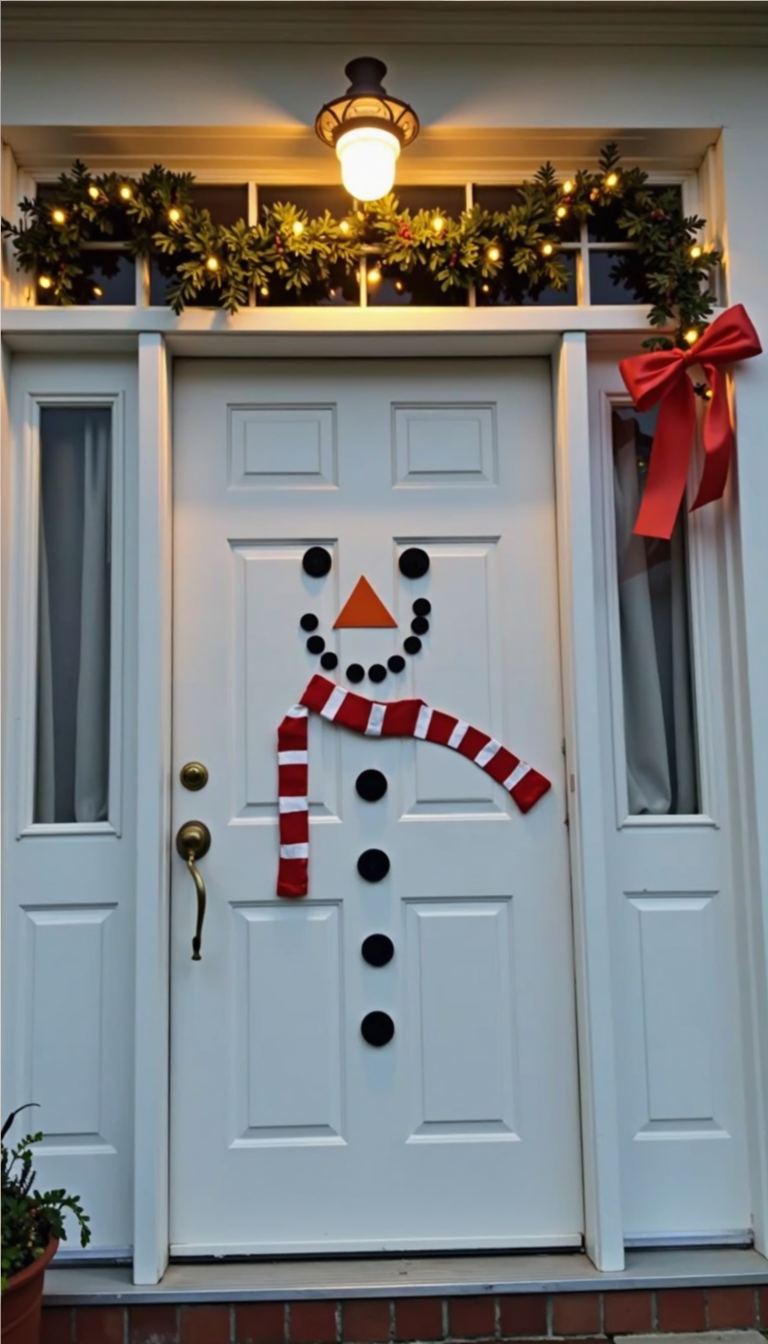 Front door decorated as a snowman with a carrot nose, button eyes, smile, and a red striped scarf