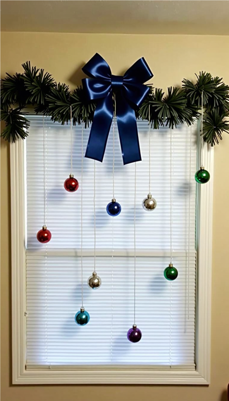 DIY window Christmas decoration with colorful hanging ornaments, garland, and a large blue bow