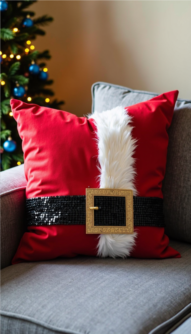 Festive DIY Santa Belt Pillow on a Couch for Christmas Decor