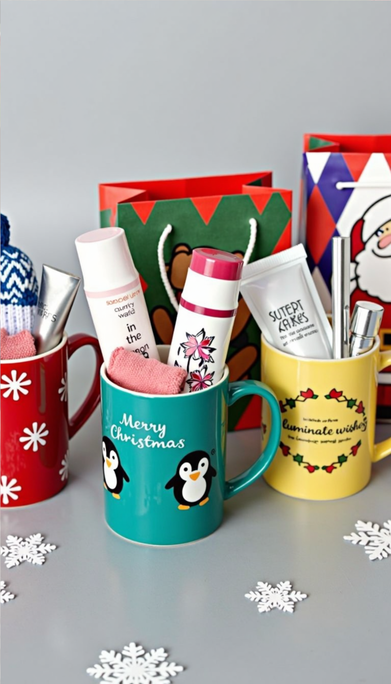 DIY Christmas gift idea with cozy socks and candy arranged inside a festive holiday mug