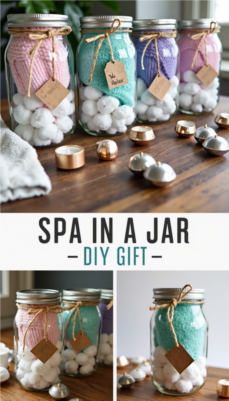  Mason jars filled with mini spa essentials like lotion, body wash, socks, lip balm, and chocolates, displayed on a table as a DIY gift set.