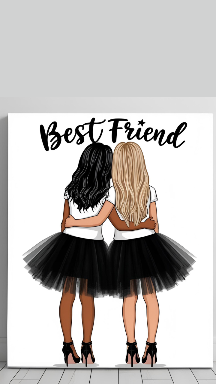 Illustration of two best friends with arms around each other, wearing matching black tulle skirts and white tops, with “Best Friend” written above them
