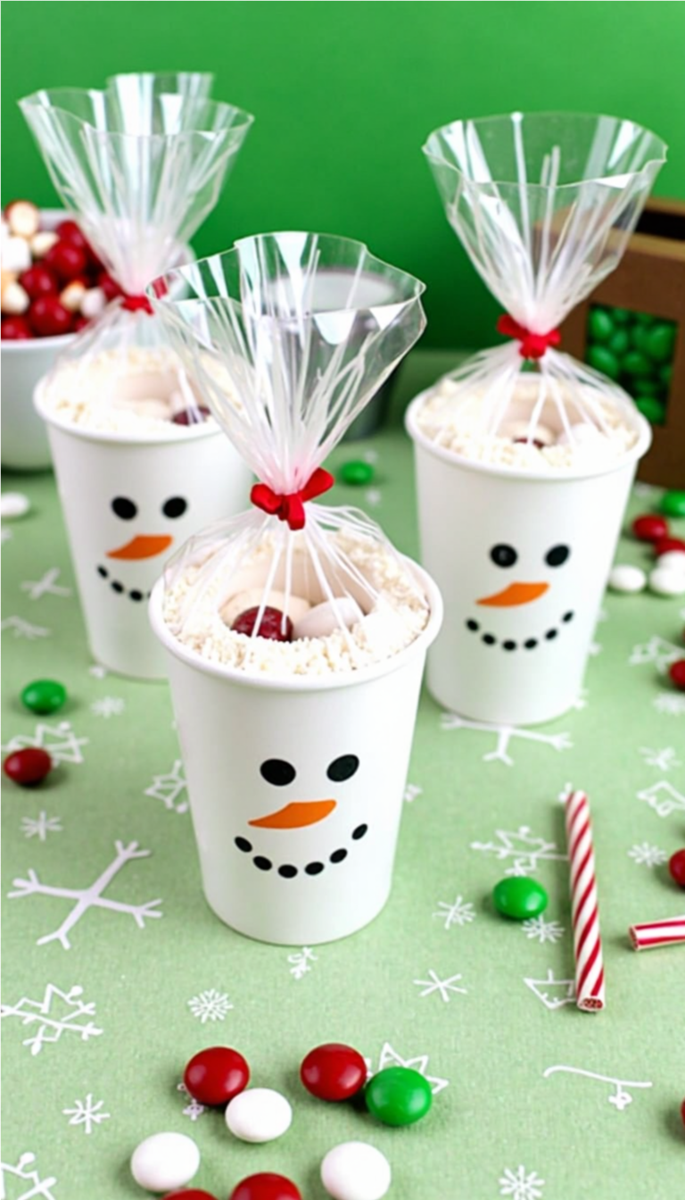 White paper cups decorated like snowmen, filled with hot cocoa mix and marshmallows in clear treat bags tied with red ribbon