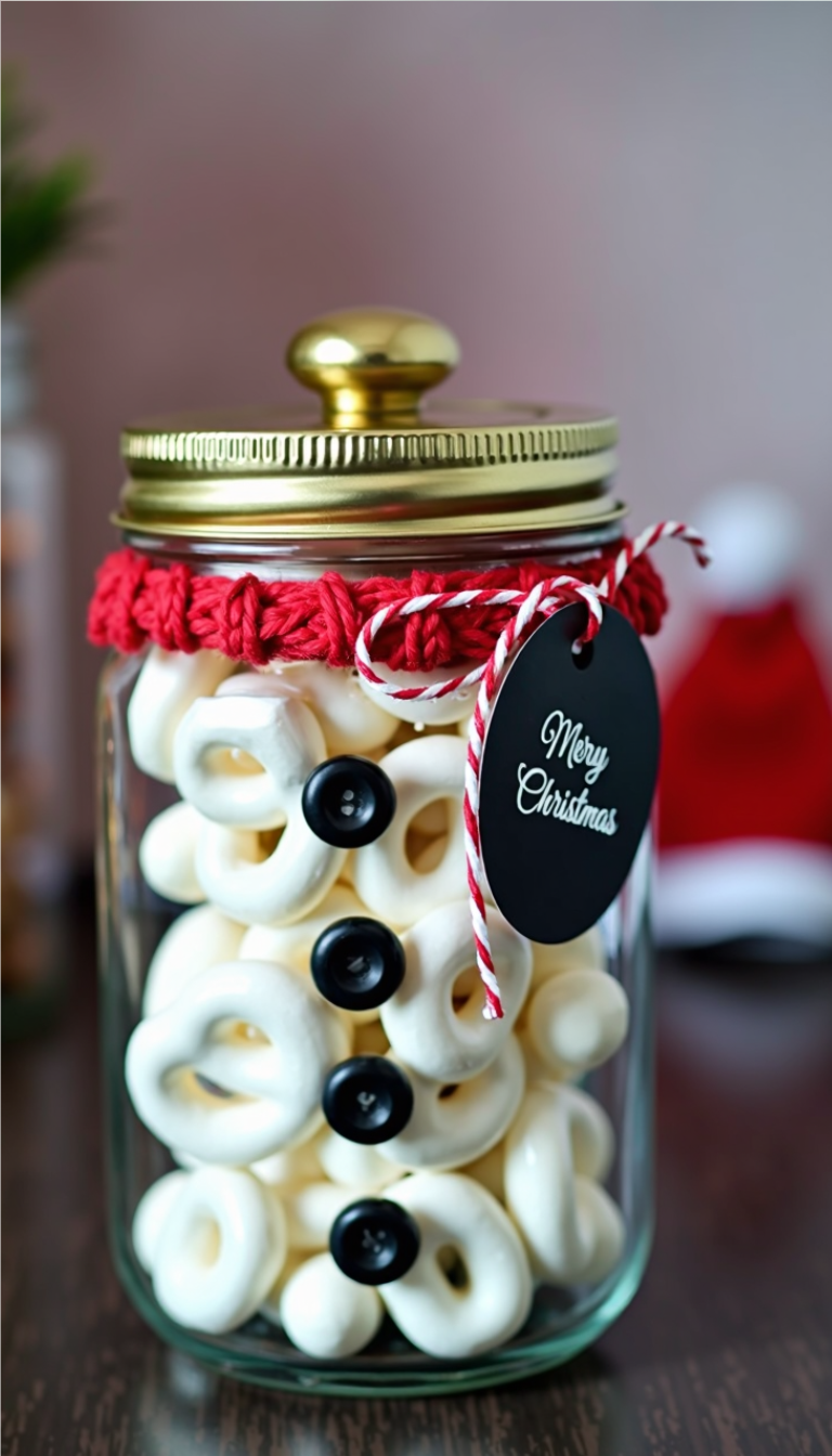 Glass jar filled with white chocolate-covered pretzels decorated with black buttons, red yarn, and a gift tag reading “Merry Christmas”