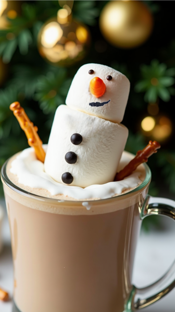 Marshmallow snowman with pretzel arms floating in hot chocolate, decorated with chocolate buttons and a candy nose