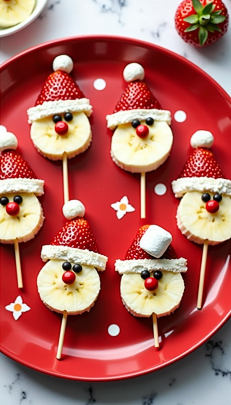 Christmas fruit pops made with banana slices, strawberries, whipped cream, and candy eyes arranged to look like Santa faces