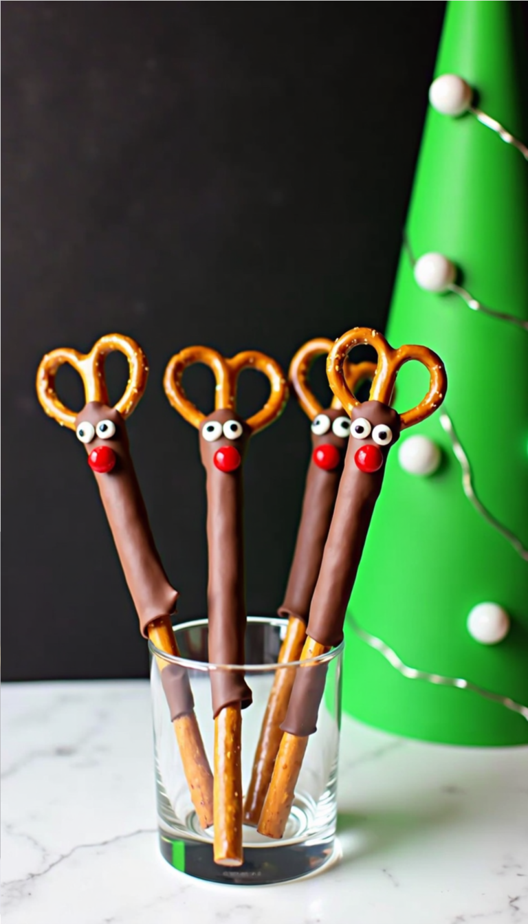 Chocolate-dipped pretzel rods decorated with mini pretzels for antlers, candy eyes, and red noses to look like reindeer