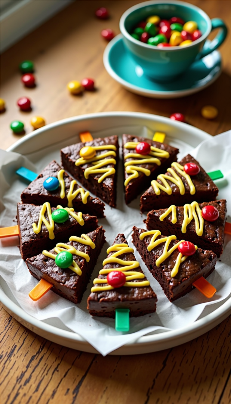 Brownie slices decorated like Christmas trees with colorful icing and candies, each with a popsicle stick as a tree trunk