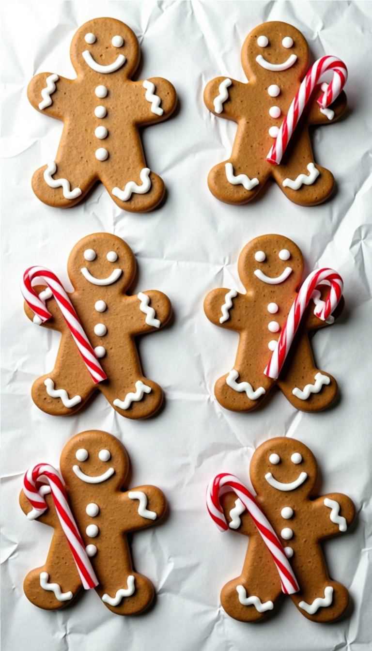 Gingerbread men cookies holding candy canes – festive Christmas treats for kids on white parchment paper