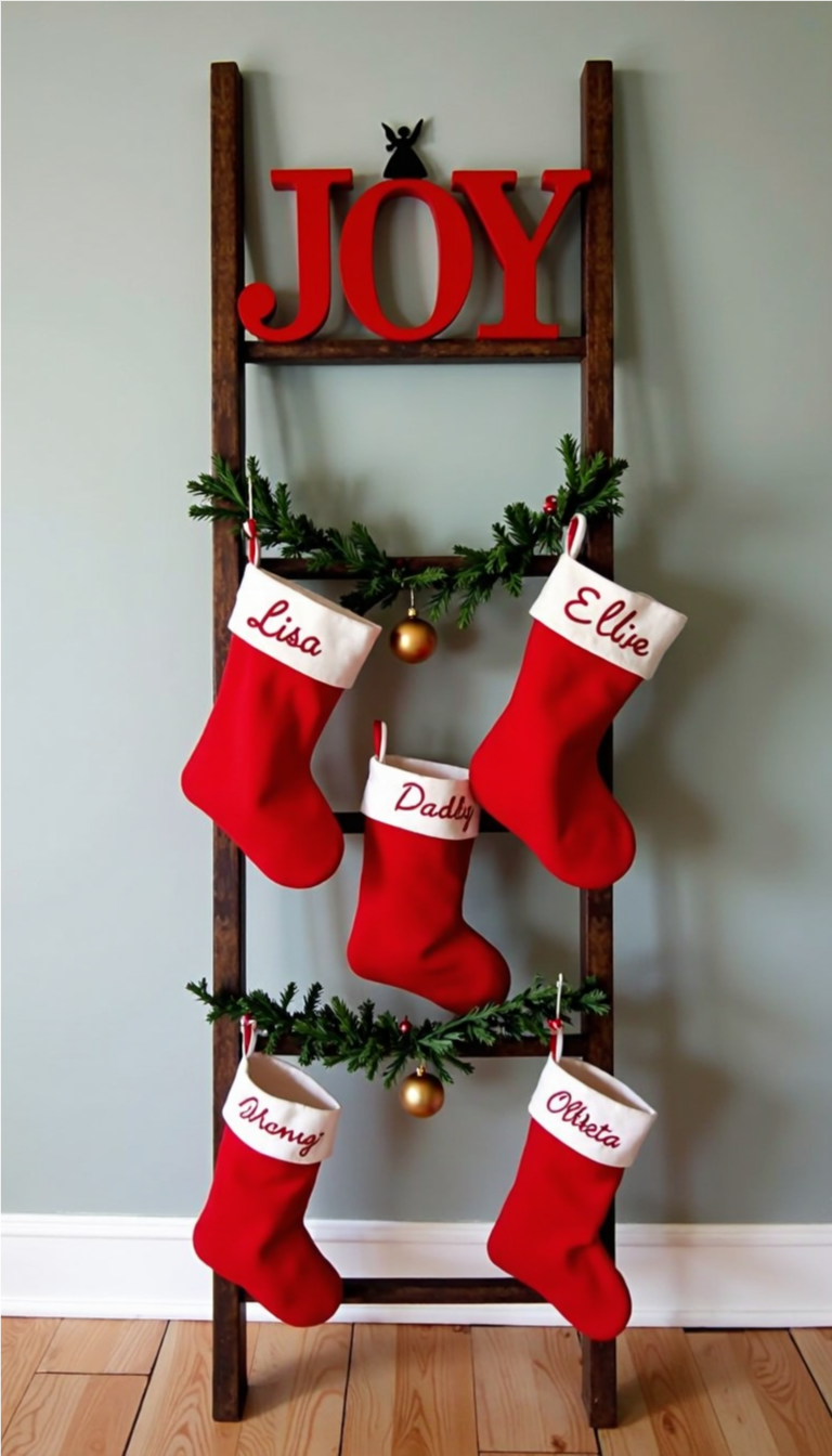 DIY ladder Christmas stocking holder with red stockings labeled with names and a red 'JOY' sign on top, decorated with garlands and ornaments.