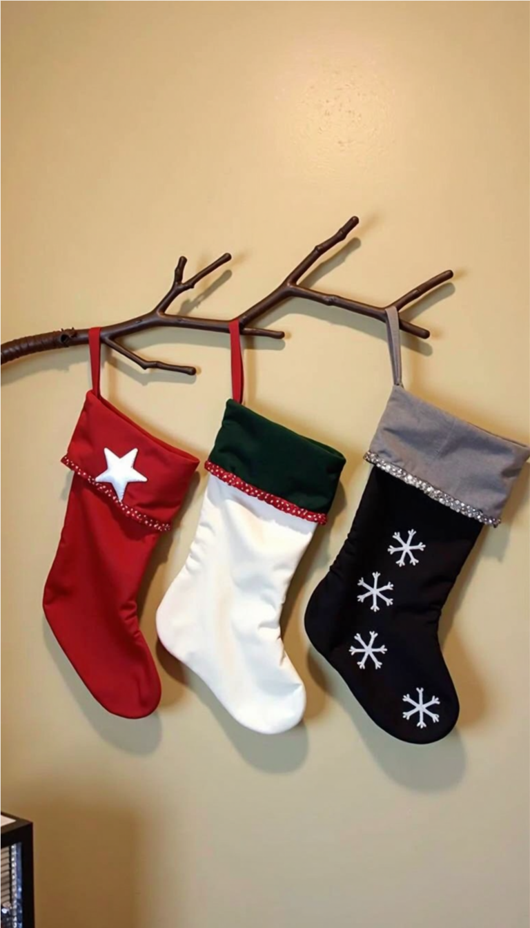 DIY Christmas stocking holder made from a decorative wall-mounted tree branch holding three colorful stockings with festive embellishments.