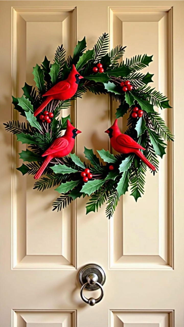  A circular holiday wreath with red cardinals perched among green holly leaves, pine branches, and red berries, hanging on a cream-colored door.