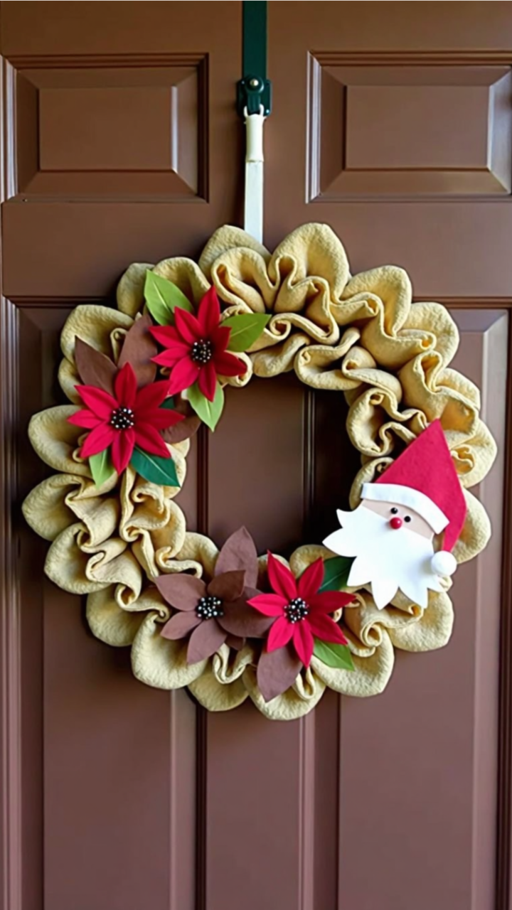 A cream-colored ruffled fabric wreath adorned with red and brown poinsettias and a cheerful felt Santa Claus face, hanging on a brown front door.
