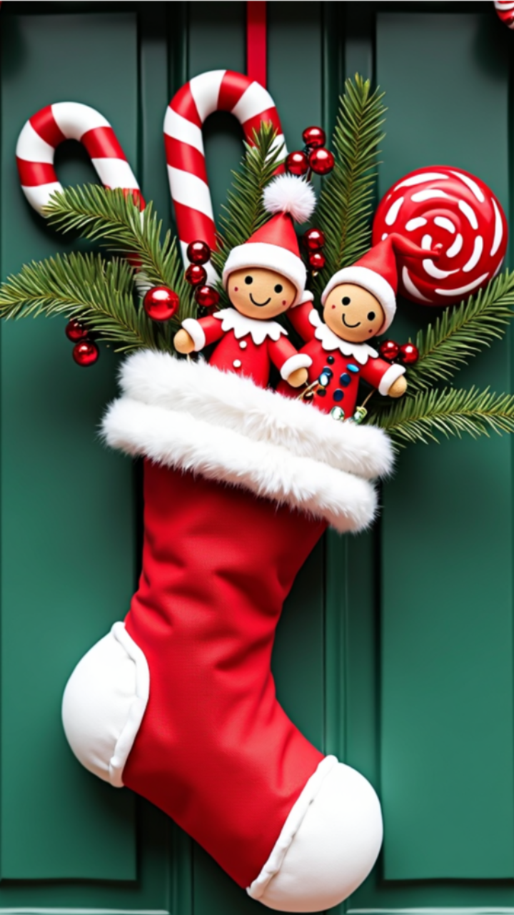A red Christmas stocking filled with candy canes, evergreen sprigs, red ornaments, and two cheerful elf dolls, hanging on a green door.
