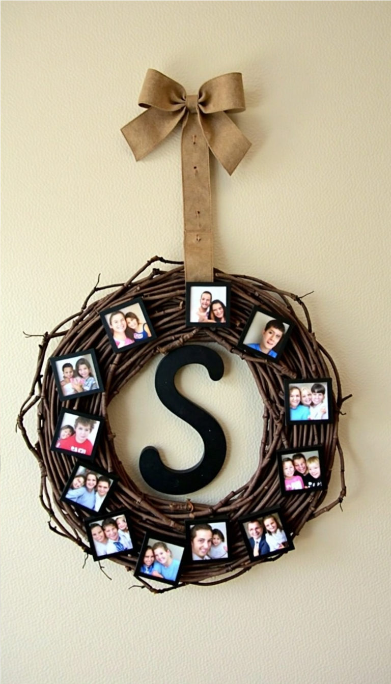 Rustic grapevine wreath decorated with mini framed family photos and a large monogram letter "S" in the center, hung with a wide burlap ribbon and bow.
