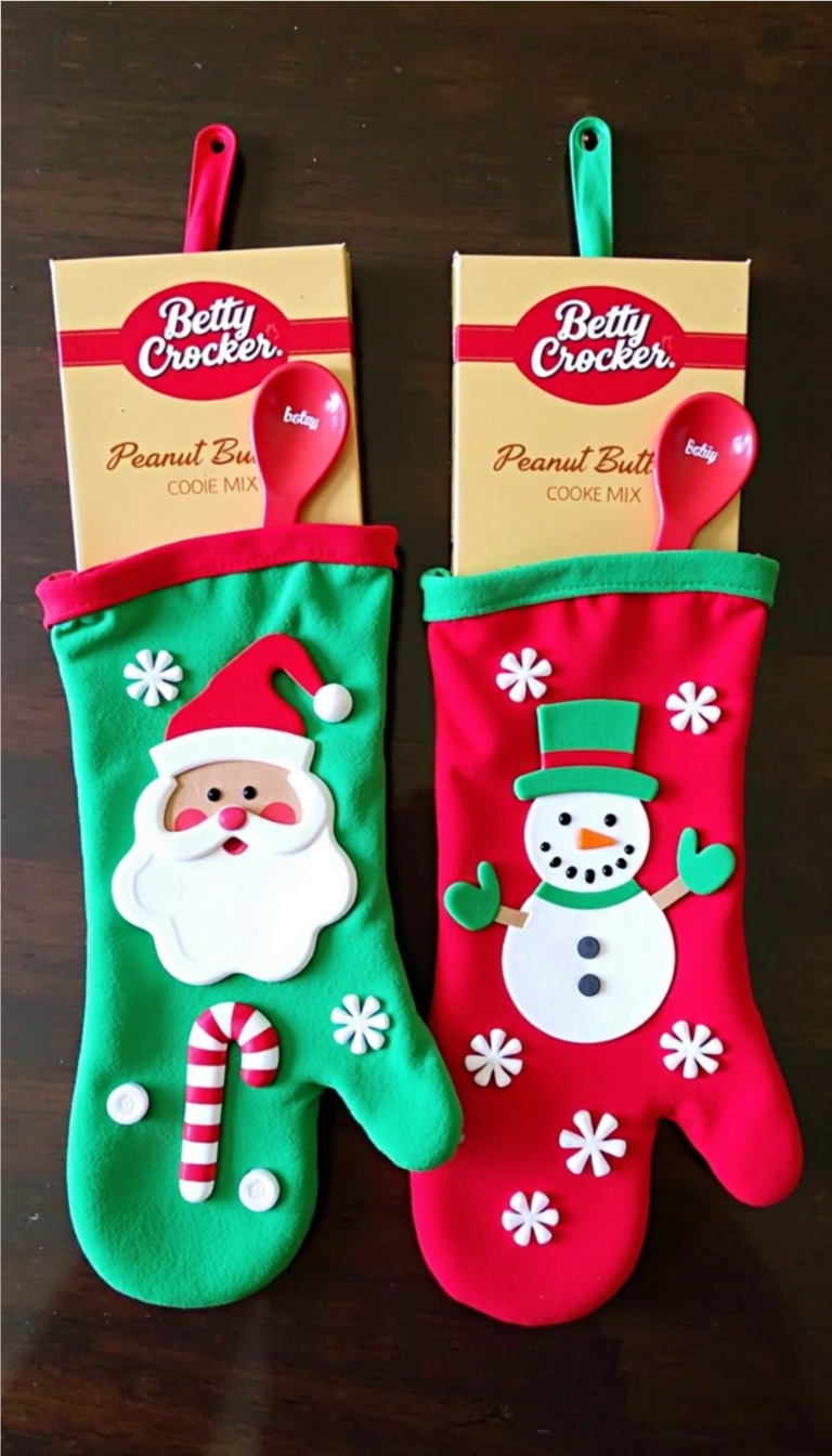 Two colorful Christmas-themed oven mitts—one with a Santa and one with a snowman—each filled with a Betty Crocker peanut butter cookie mix and a red measuring spoon.
